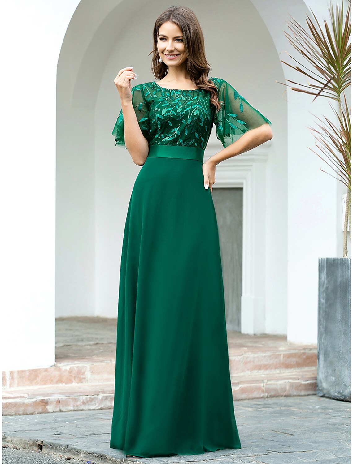 Wholesale  A-Line Prom Dresses Empire Dress Evening Party Wedding Guest Floor Length Short Sleeve Jewel Neck Bridesmaid Dress Chiffon V Back with Sequin